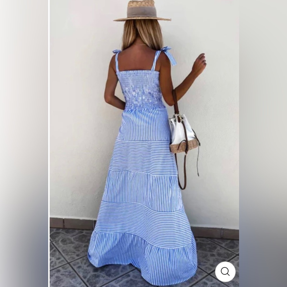 MARTINE Shirred Striped Maxi Dress - BLUE NWT - Picture 5 of 10